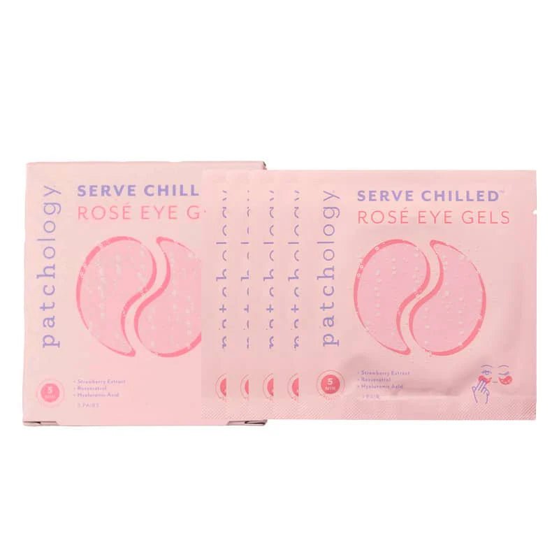 Two boxes of Patchology Serve Chilled Rose Eye Gels on a white background, Patchology Serve Chilled Rosé Eye Gels 5 pack antioxidant hydrating