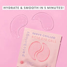 Patchology Rosé Eye Gels packaging with gels on a pink background, Patchology Serve Chilled Rosé Eye Gels 5 pack antioxidant hydrating