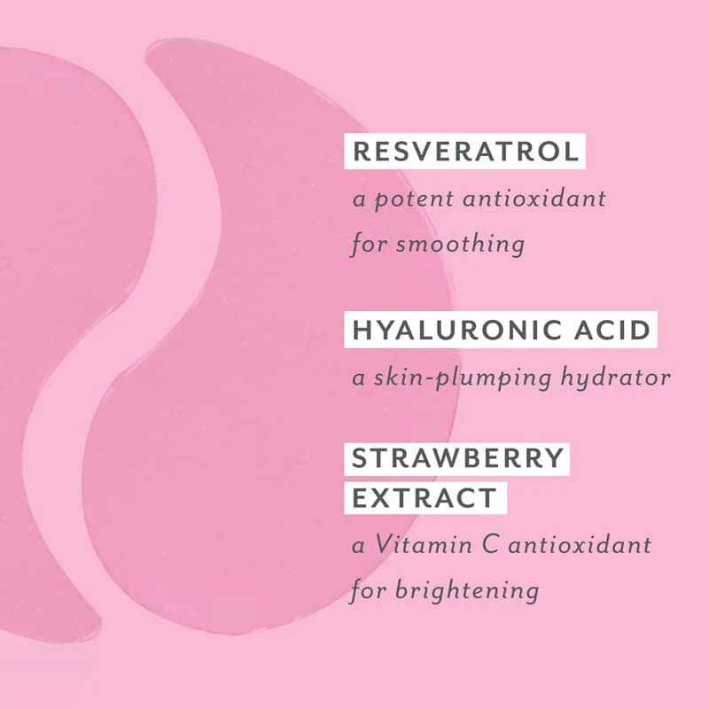 Pink background with text about resveratrol, hyaluronic acid, and strawberry extract on a pink background, Patchology Serve Chilled Rosé Eye Gels 5 pack antioxidant hydrating