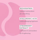 Pink background with text about resveratrol, hyaluronic acid, and strawberry extract on a pink background, Patchology Serve Chilled Rosé Eye Gels 5 pack antioxidant hydrating
