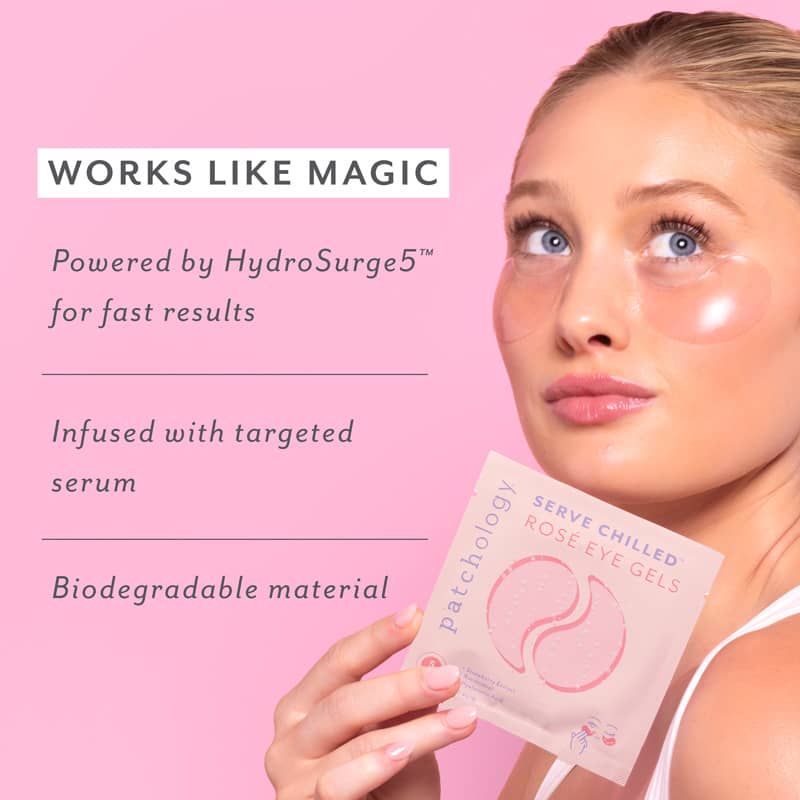Woman holding Patchology eye gels with product details on a pink background, Patchology Serve Chilled Rosé Eye Gels 5 pack antioxidant hydrating