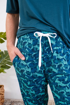 Shark Camo Blue Printed Jogger Sleep Pant in Bamboo for Men by Bob's Sleepwear Co - Cloud Nine Pajamas Close up of print and drawstring, pockets
