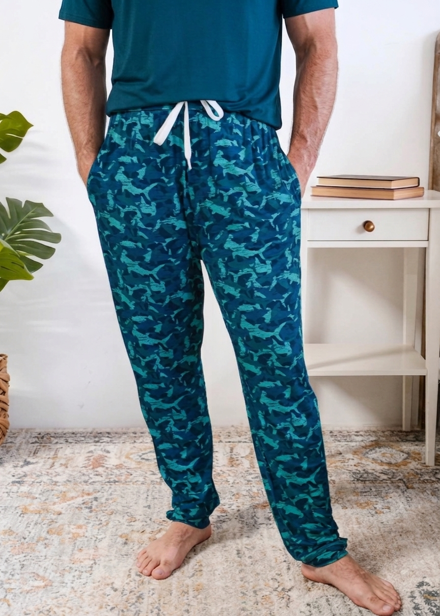Shark Camo Blue Printed Jogger Sleep Pant in Bamboo for Men by Bob's Sleepwear Co - Cloud Nine Pajamas