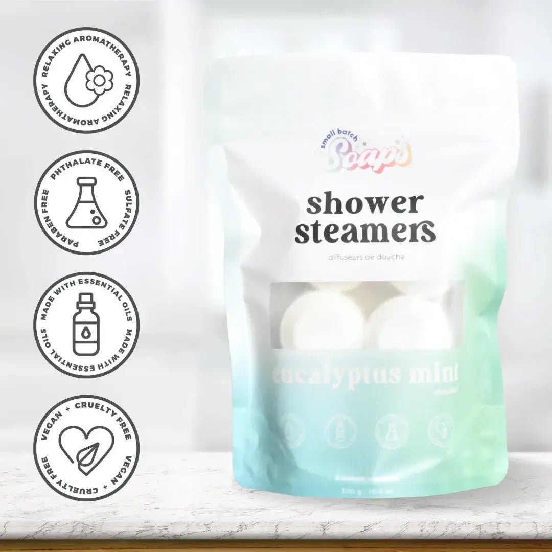 Shower Steamer 2pk Eucalyptus Mint packaging showcasing relaxing aromatherapy for a spa-like shower experience.