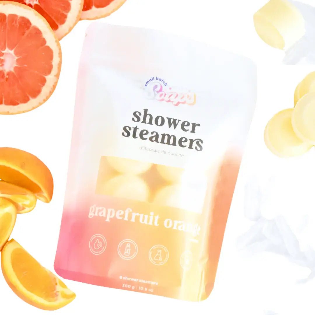Shower Steamer 2pk Grapefruit Orange packaging with grapefruit and orange slices surrounding it
