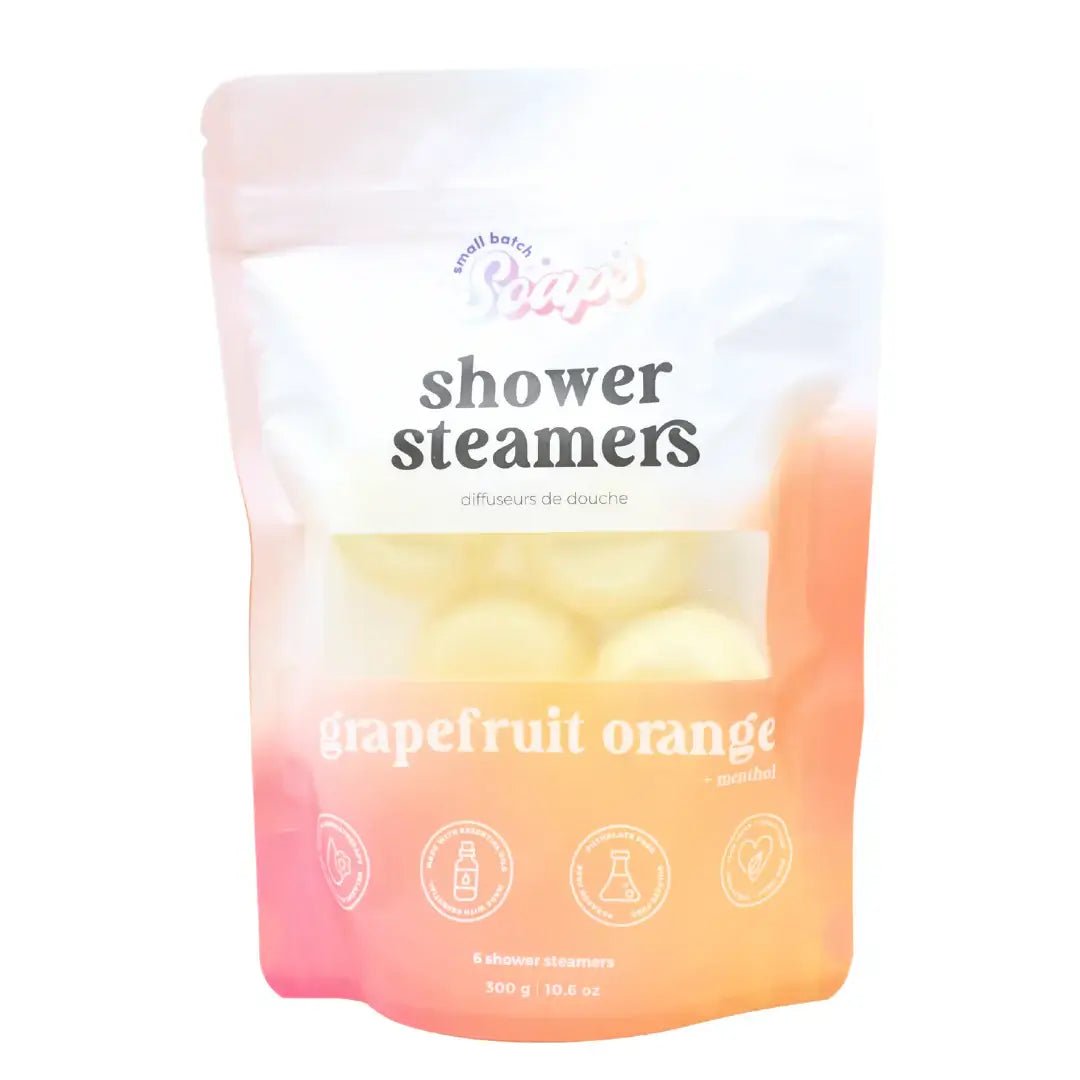 Shower Steamer 6pk Grapefruit Orange packaging with essential oil steamers for a spa-like shower experience.