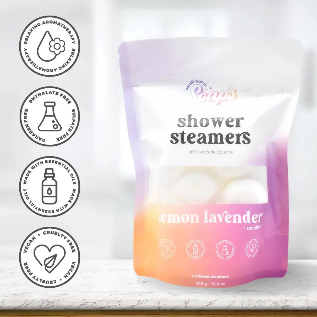 Shower Steamer 2pk Lemon Lavender in packaging with essential oils for a soothing shower experience.