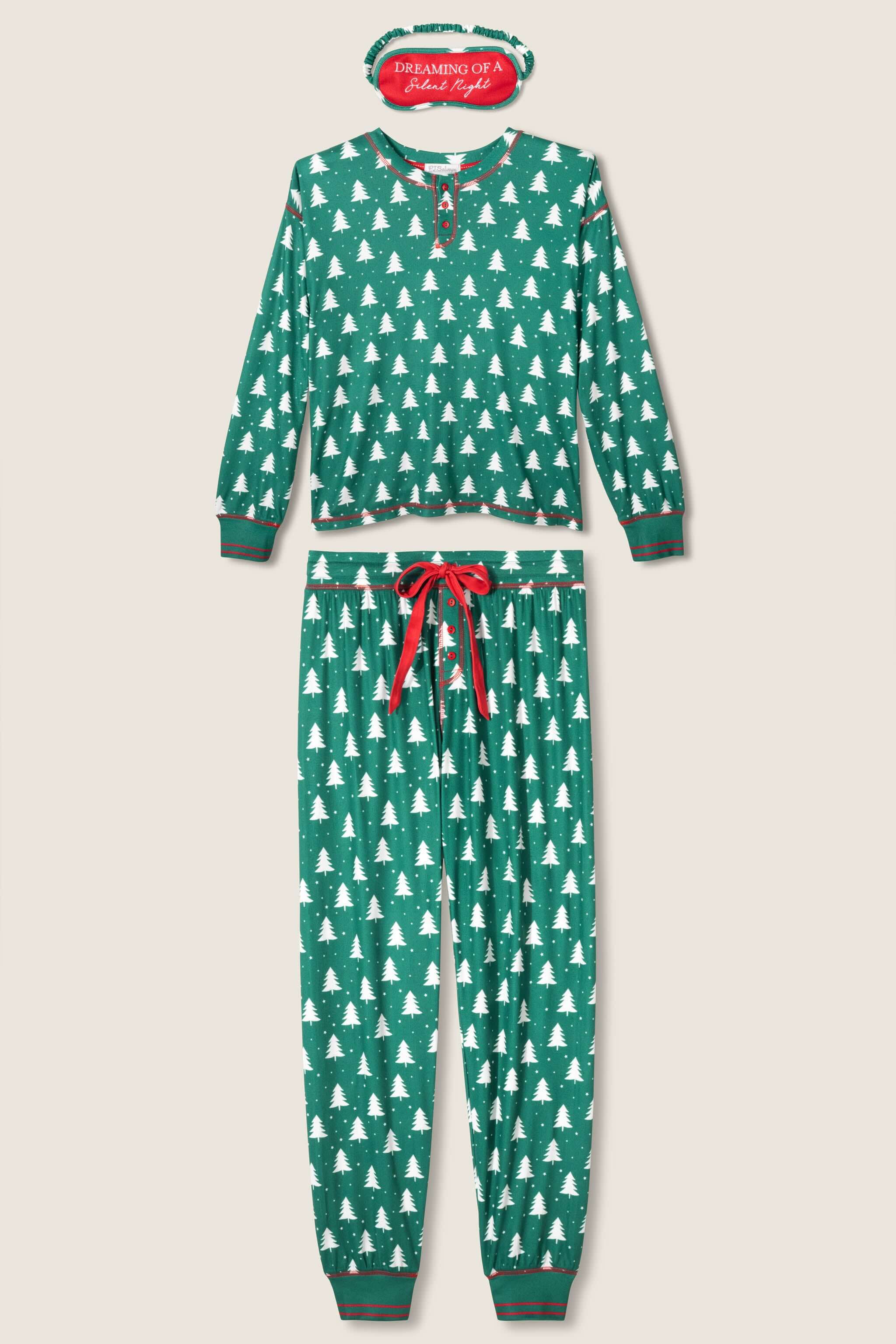 women's dark green henley pj set with white christmas tree print and eyemask from PJ Salvage