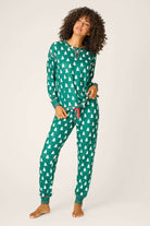 women's dark green henley pj set with white christmas tree print and eyemask from PJ Salvage