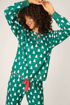 women's dark green henley pj set with white christmas tree print and eyemask from PJ Salvage