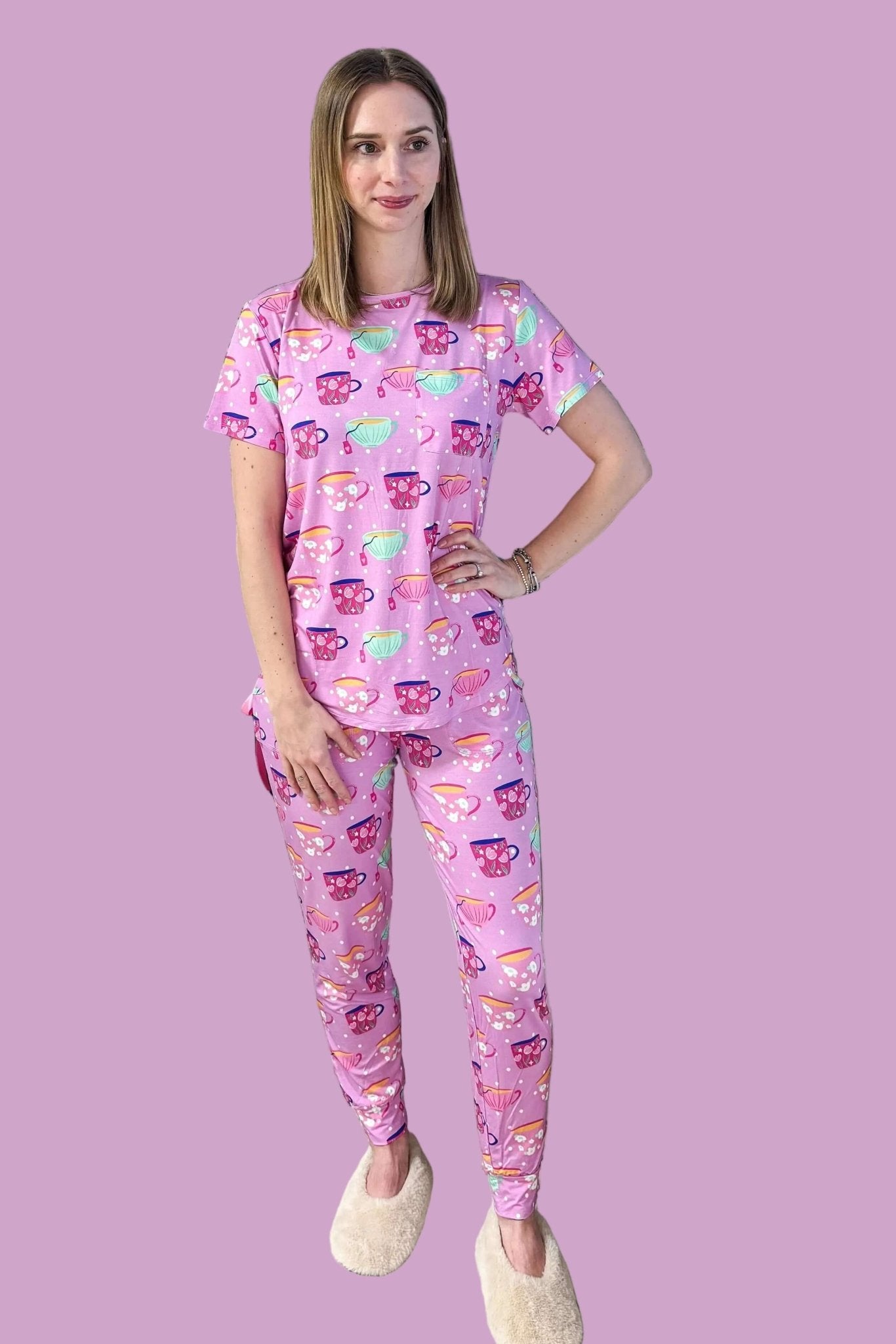 Georgia Rylan Sips & Snooze Tee & Jogger Bamboo Lounge Set Special Edition tea cup print 