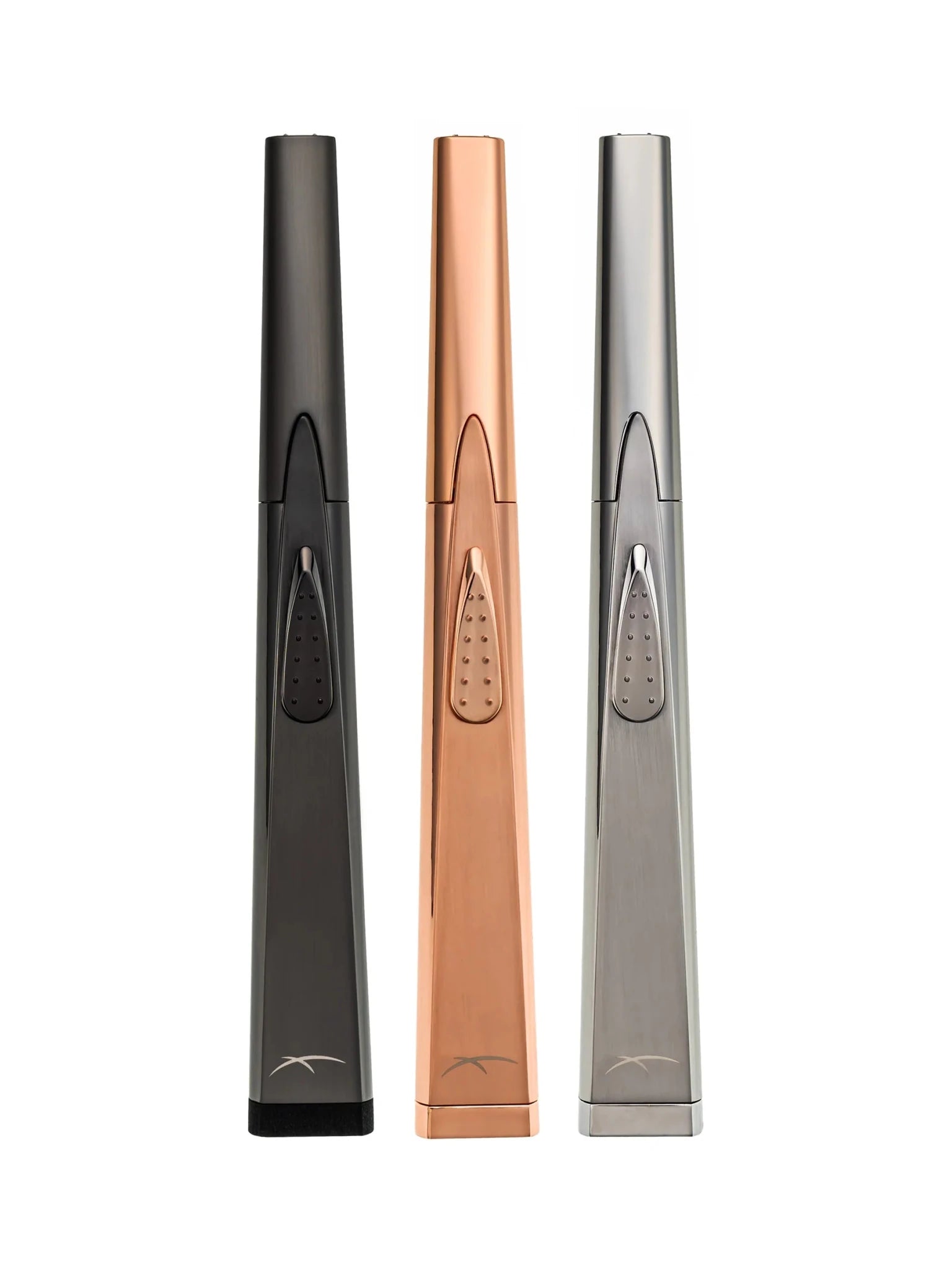 all-groups Sizzle Sleek Rechargeable LIghters in Pewter, Rose Gold, and Silver Shown together on a white background