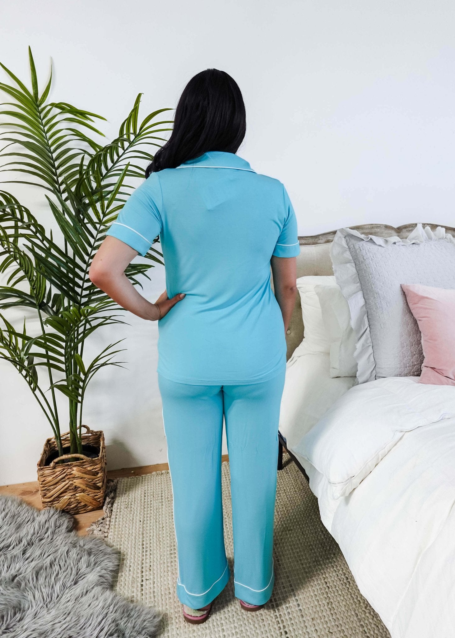 Sky Blue Short Sleeve Button Up Straight Pant Bamboo PJ Set georgia rylan