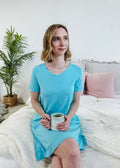 V Neck Bamboo Nightshirt With Pockets Sky Blue