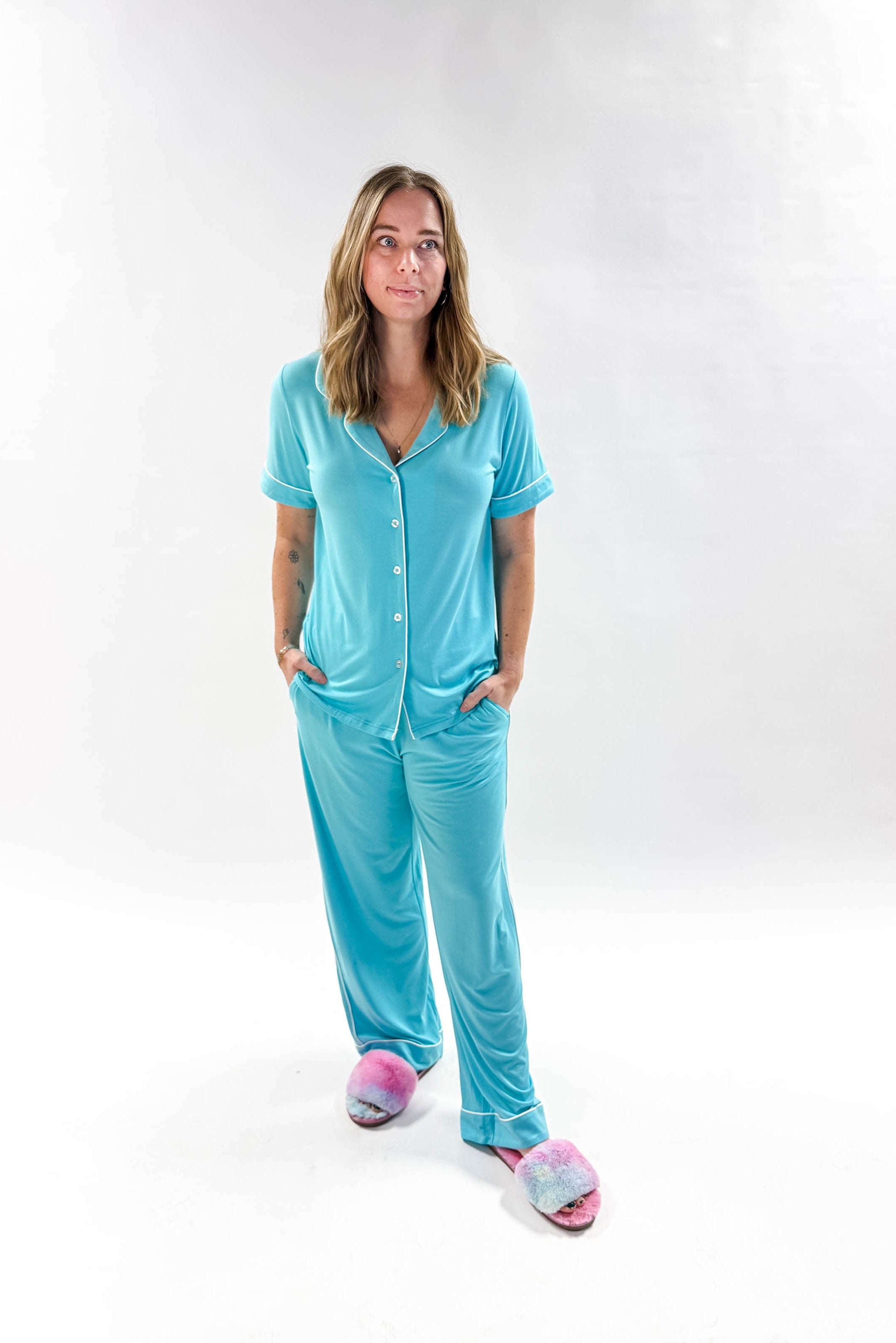 Sky Blue Short Sleeve Button Up/Straight Pant PJ Set Bamboo | Georgia Rylan for women with piping details
