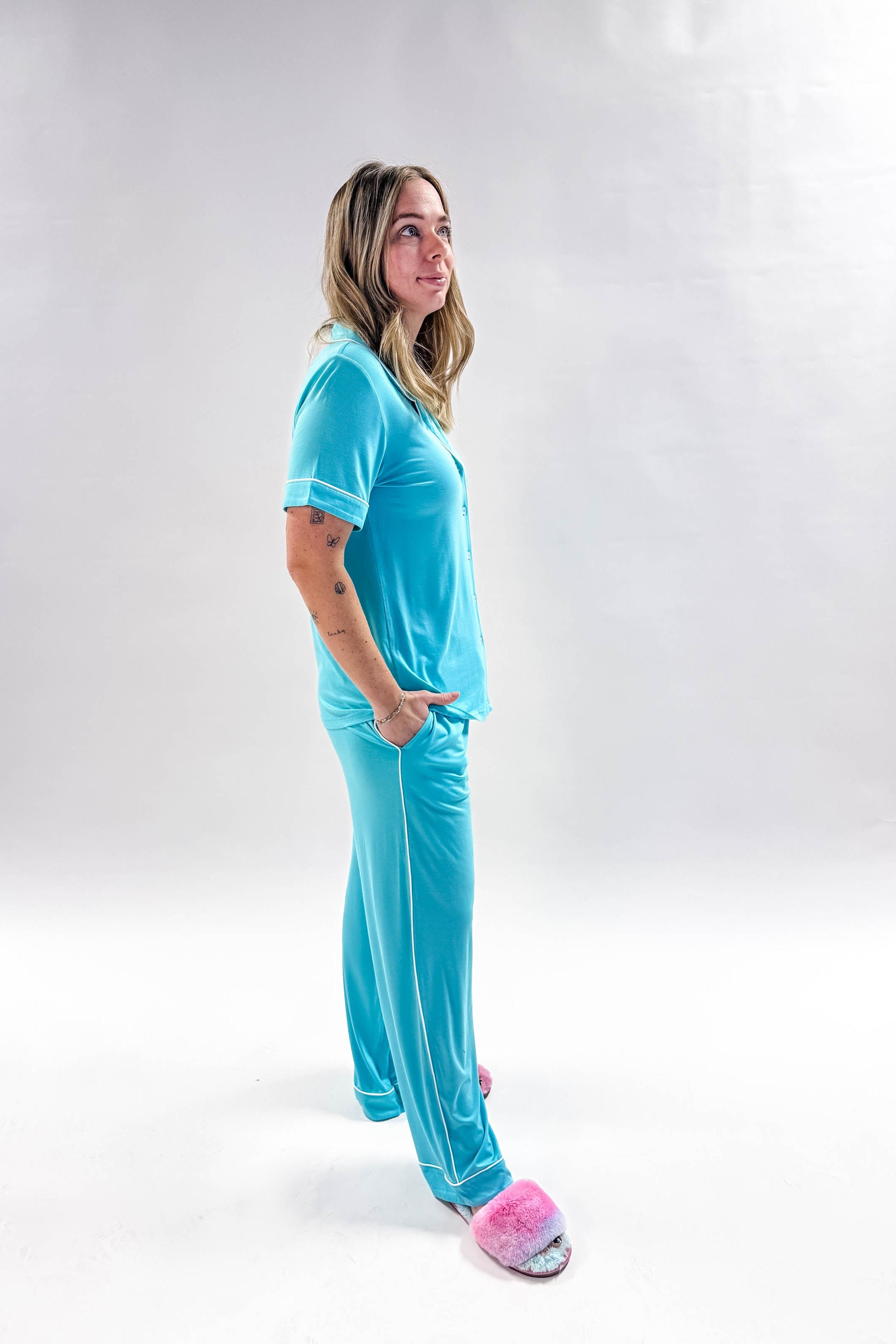 Sky Blue Short Sleeve Button Up/Straight Pant PJ Set Bamboo | Georgia Rylan for women with piping details