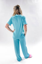 Sky Blue Short Sleeve Button Up/Straight Pant PJ Set Bamboo | Georgia Rylan for women with piping details