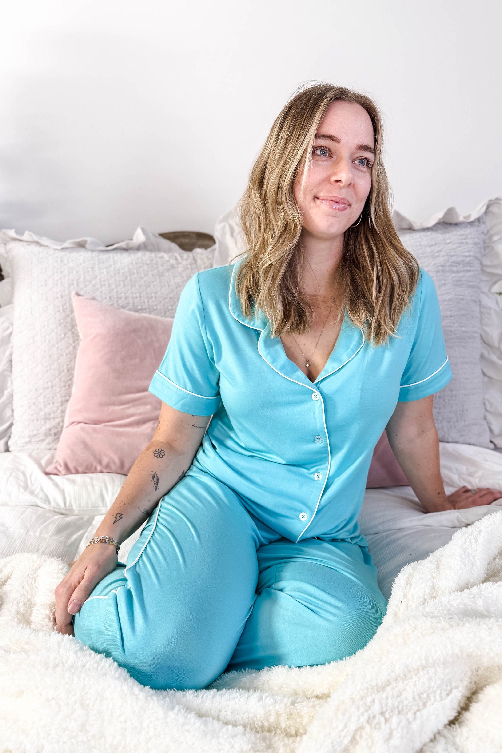 Sky Blue Short Sleeve Button Up/Straight Pant PJ Set Bamboo | Georgia Rylan for women with piping details