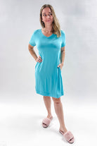 Sky Blue V-Neck Bamboo Nightshirt/Dress With Pockets | Georgia Rylan women's nightgown casual dress