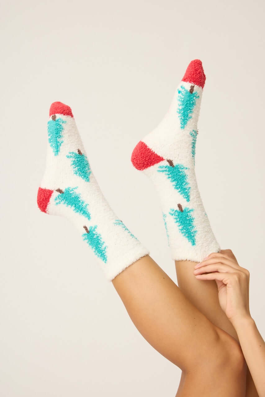 Pair of PJ Salvage "Sleigh All Day" Fuzzy Cozy grippy Socks in ivory with green tree print and red heel