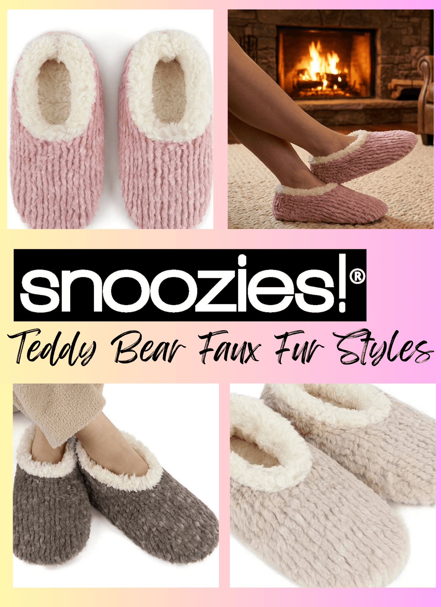 Snoozies Teddy Bear Faux Fur Slippers with Memory Foam Sole showcased in various colors and styles.
