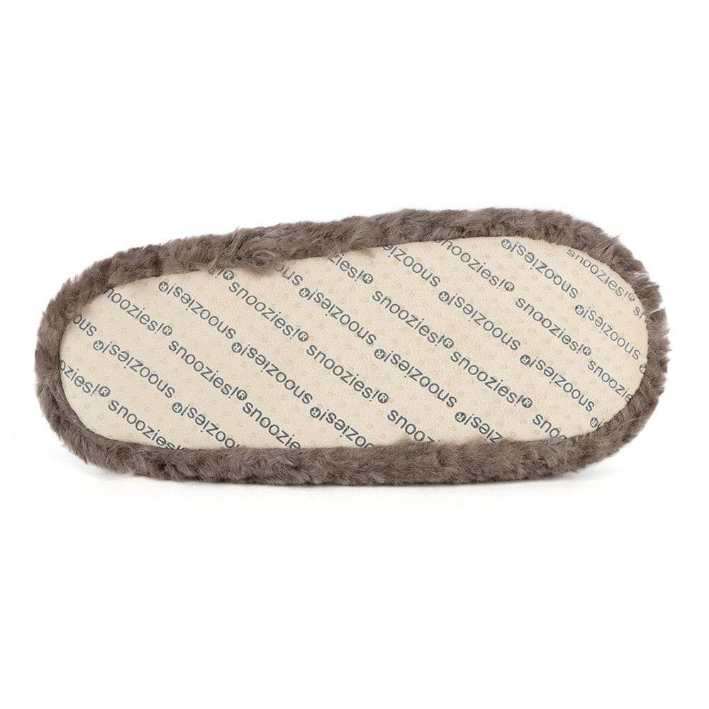 Snoozies Teddy Bear Faux Fur Slippers with Memory Foam Sole showing grip on bottom