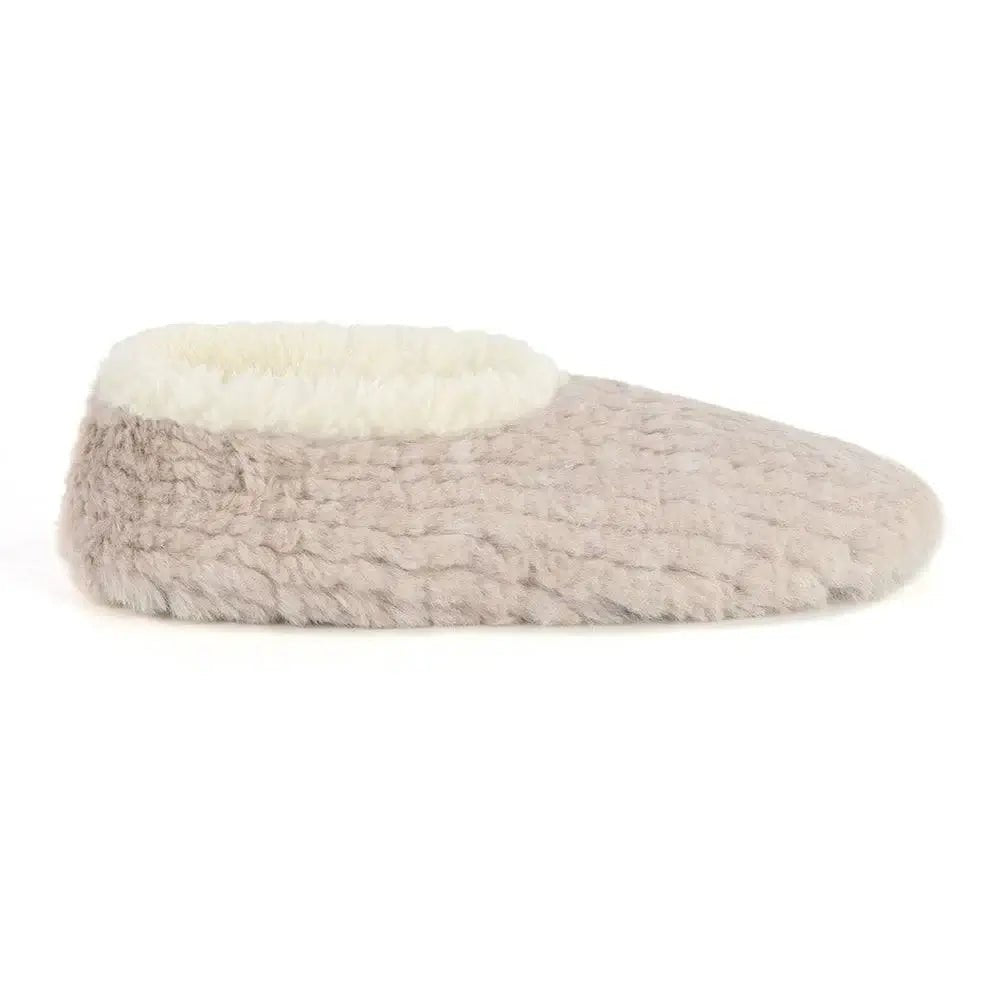 Snoozies Teddy Bear Faux Fur Slippers with Memory Foam Sole in oatmeal beige showing side view