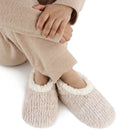 Snoozies Teddy Bear Faux Fur Slippers with Memory Foam Sole in oatmeal beige showing view on model