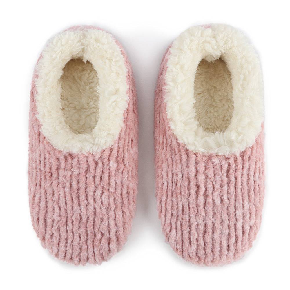 Snoozies Teddy Bear Faux Fur Slippers with Memory Foam Sole top view in soft pink color.