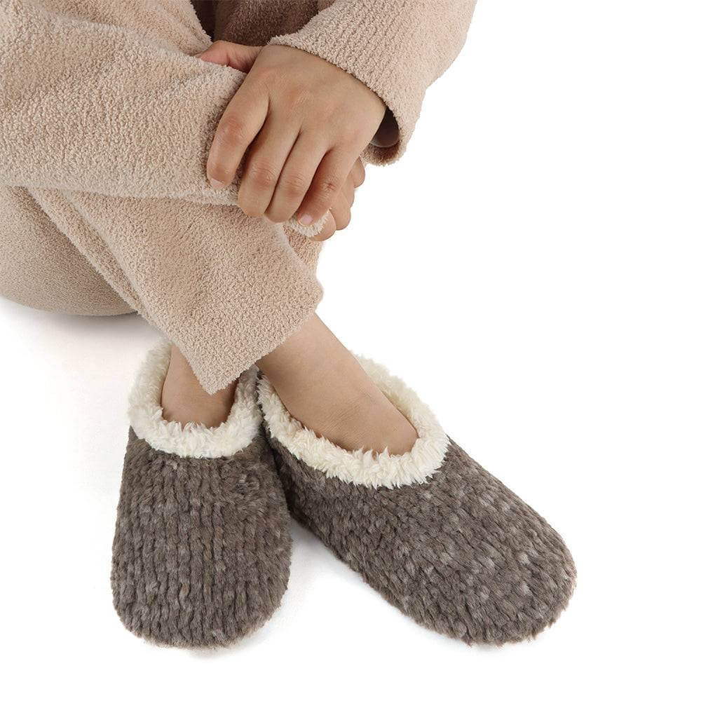 Snoozies Teddy Bear Faux Fur Slippers with Memory Foam Sole worn by model