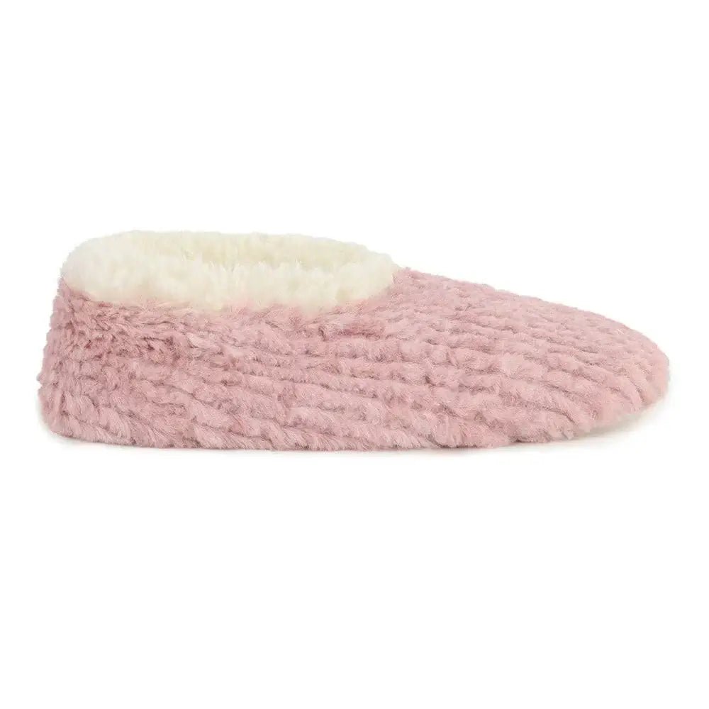Snoozies Teddy Bear Faux Fur Slippers with Memory Foam Sole in dusty pink showing side view