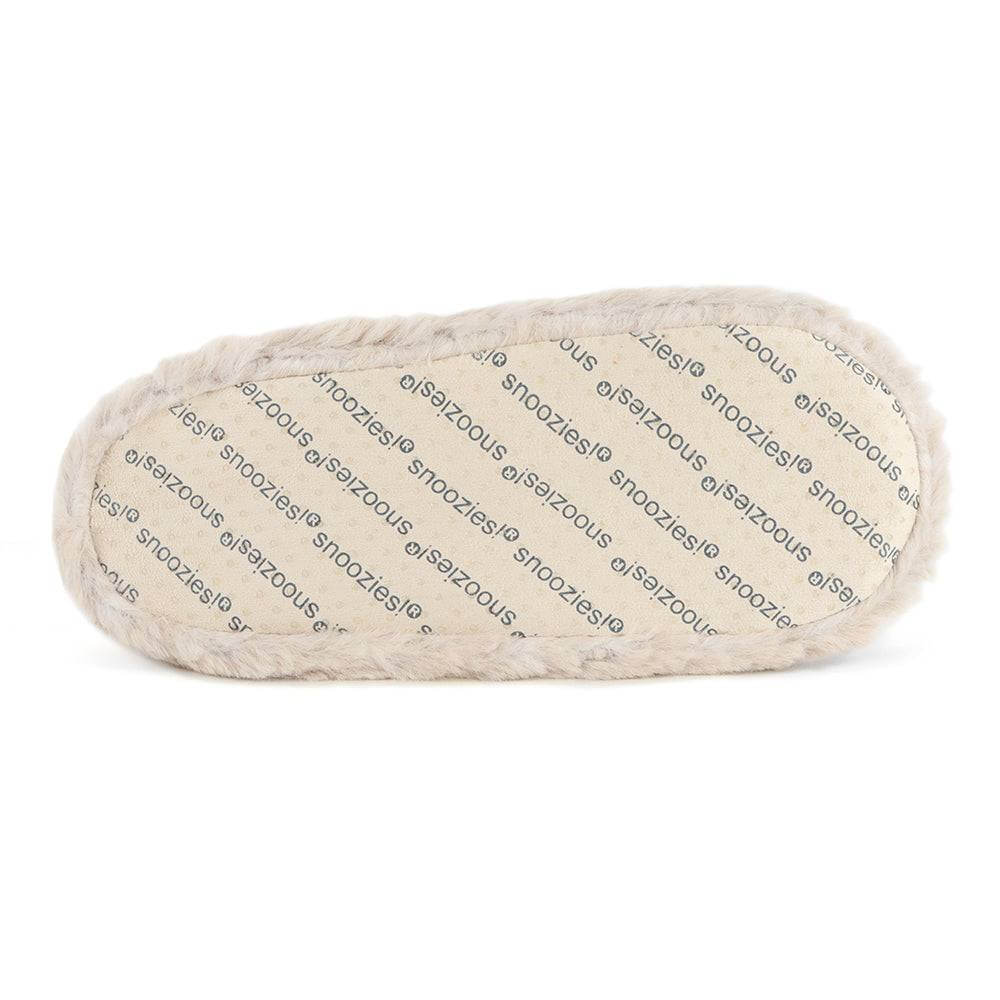 Snoozies Teddy Bear Faux Fur Slippers with Memory Foam Sole in oatmeal beige showing bottom view