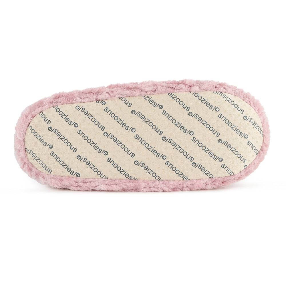 Snoozies Teddy Bear Faux Fur Slippers with Memory Foam Sole showing bottom of slipper
