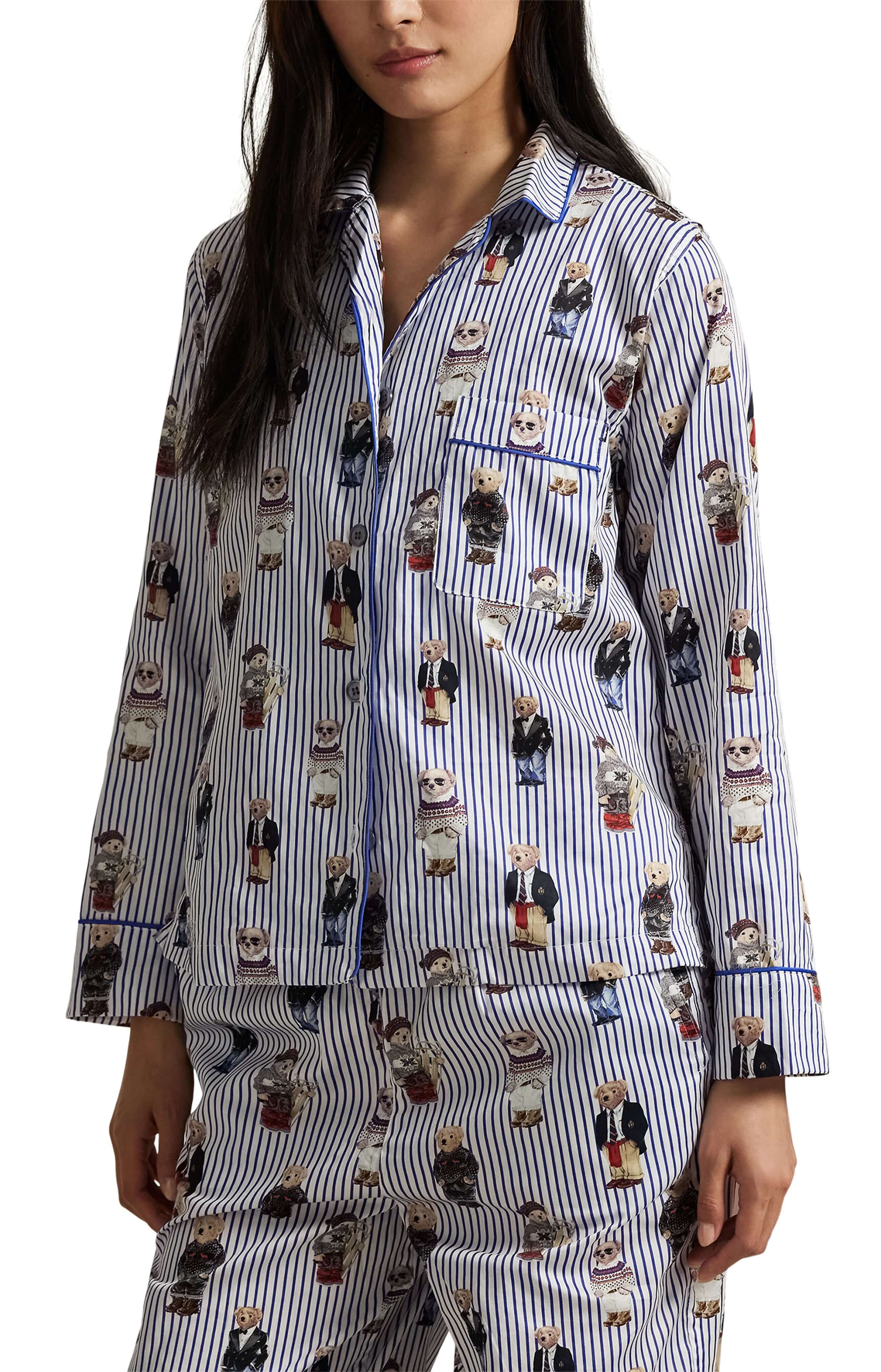 Iconic Polo Bear Cotton Sateen Madison PJ Set Polo Ralph Lauren featuring playful bear print on striped fabric.