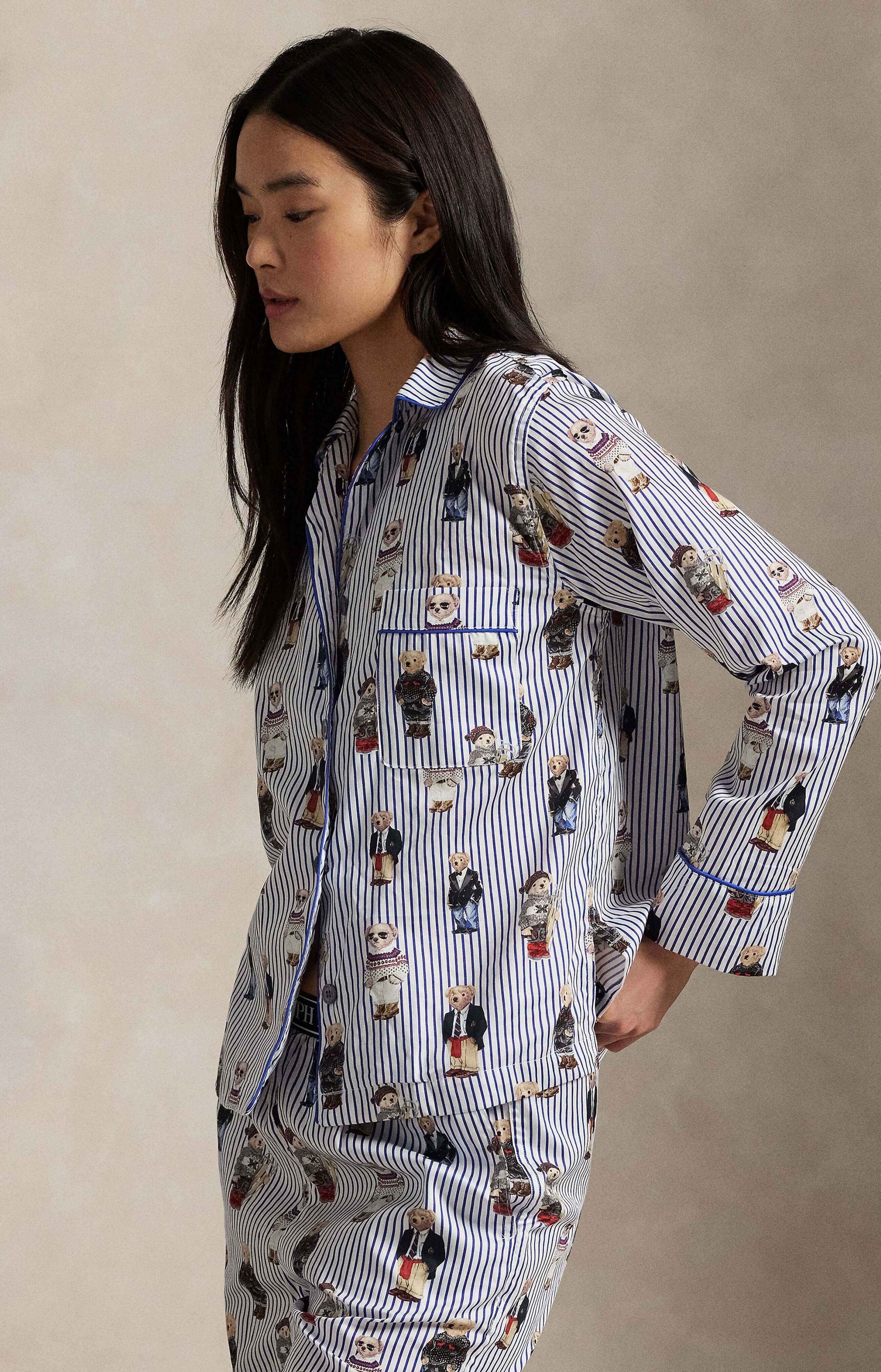 Iconic Polo Bear Cotton Sateen Madison PJ Set Polo Ralph Lauren worn by a model, featuring classic stripes and Polo Bear print.