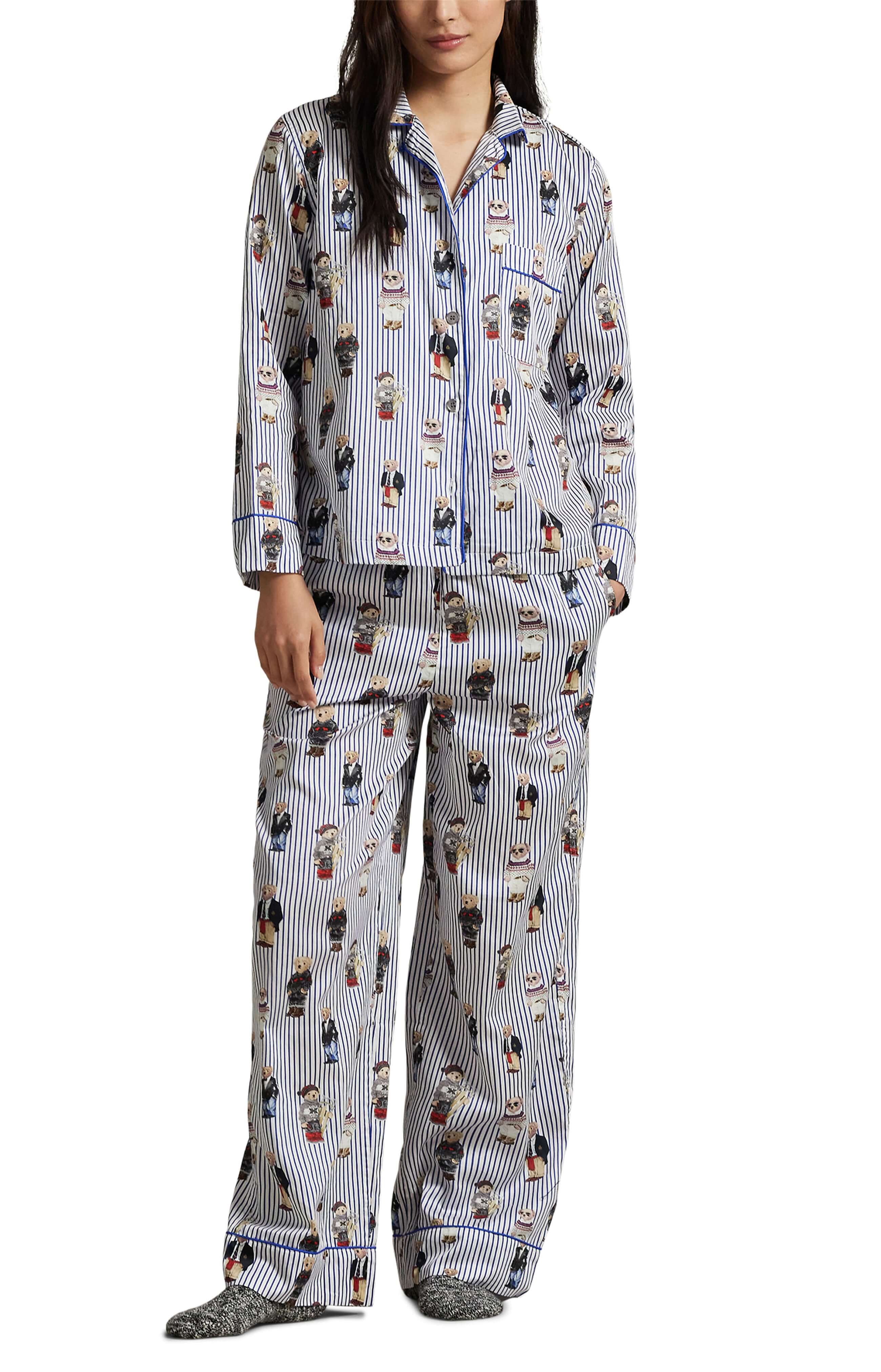Iconic Polo Bear Cotton Sateen Madison PJ Set Polo Ralph Lauren worn by model, featuring playful Polo Bear print on striped sateen.