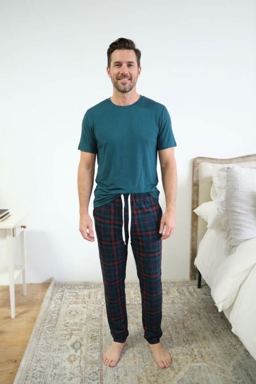 Bob's Sleepwear Co. Stormy Blue Plaid Bamboo Jogger Pant front view — Cloud Nine Pajamas Edmonton