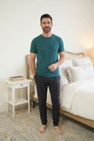 Bob's Sleepwear Co. Stormy Blue Plaid Bamboo Jogger Pant lifestyle on model — Cloud Nine Pajamas Edmonton