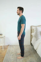 Bob's Sleepwear Co. Stormy Blue Plaid Bamboo Jogger Pant side view showing deep pockets — Cloud Nine Pajamas Edmonton