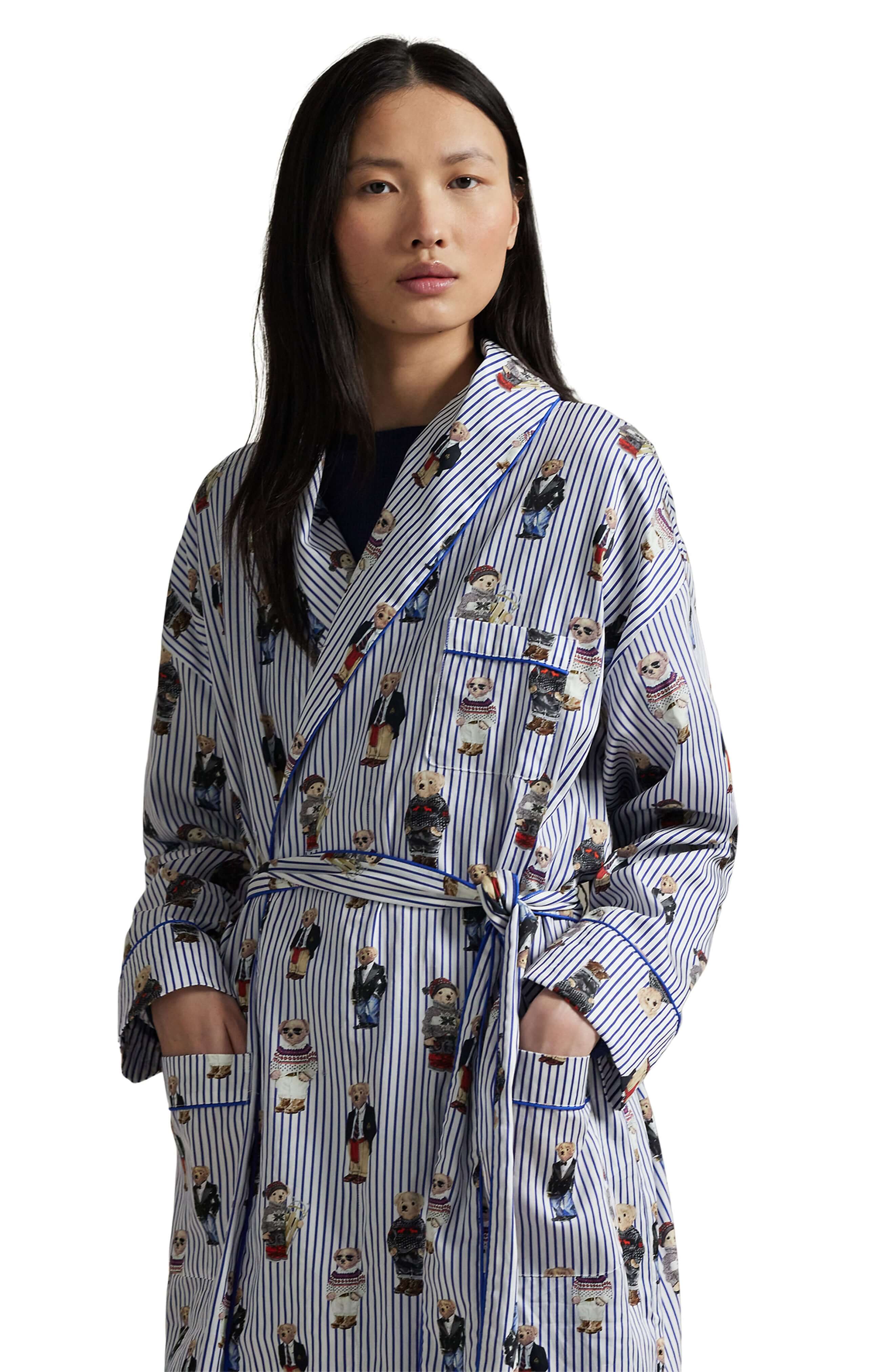 women's long striped ralph lauren bear robe in blue Polo Ralph Lauren