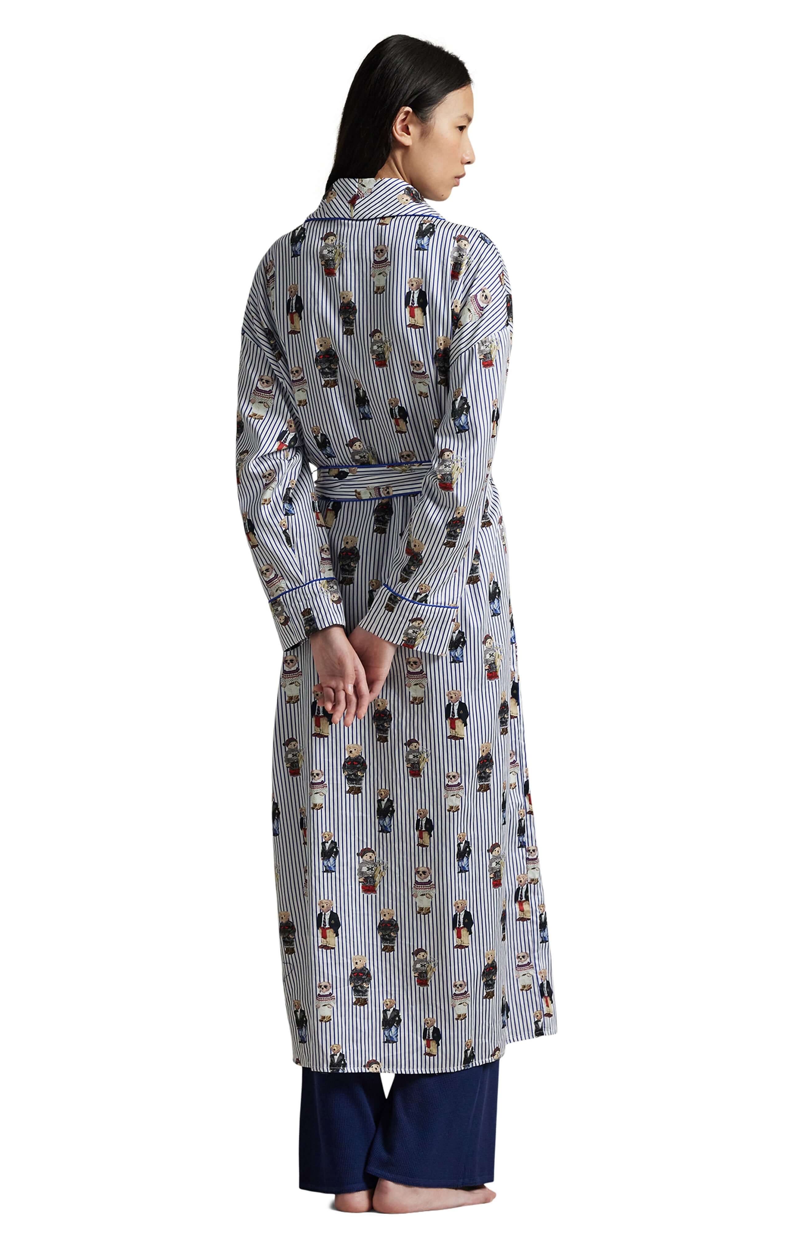 Heritage Striped Polo Bear Cotton Sateen Robe by Polo Ralph Lauren displayed from behind, showcasing its iconic Polo Bear design.