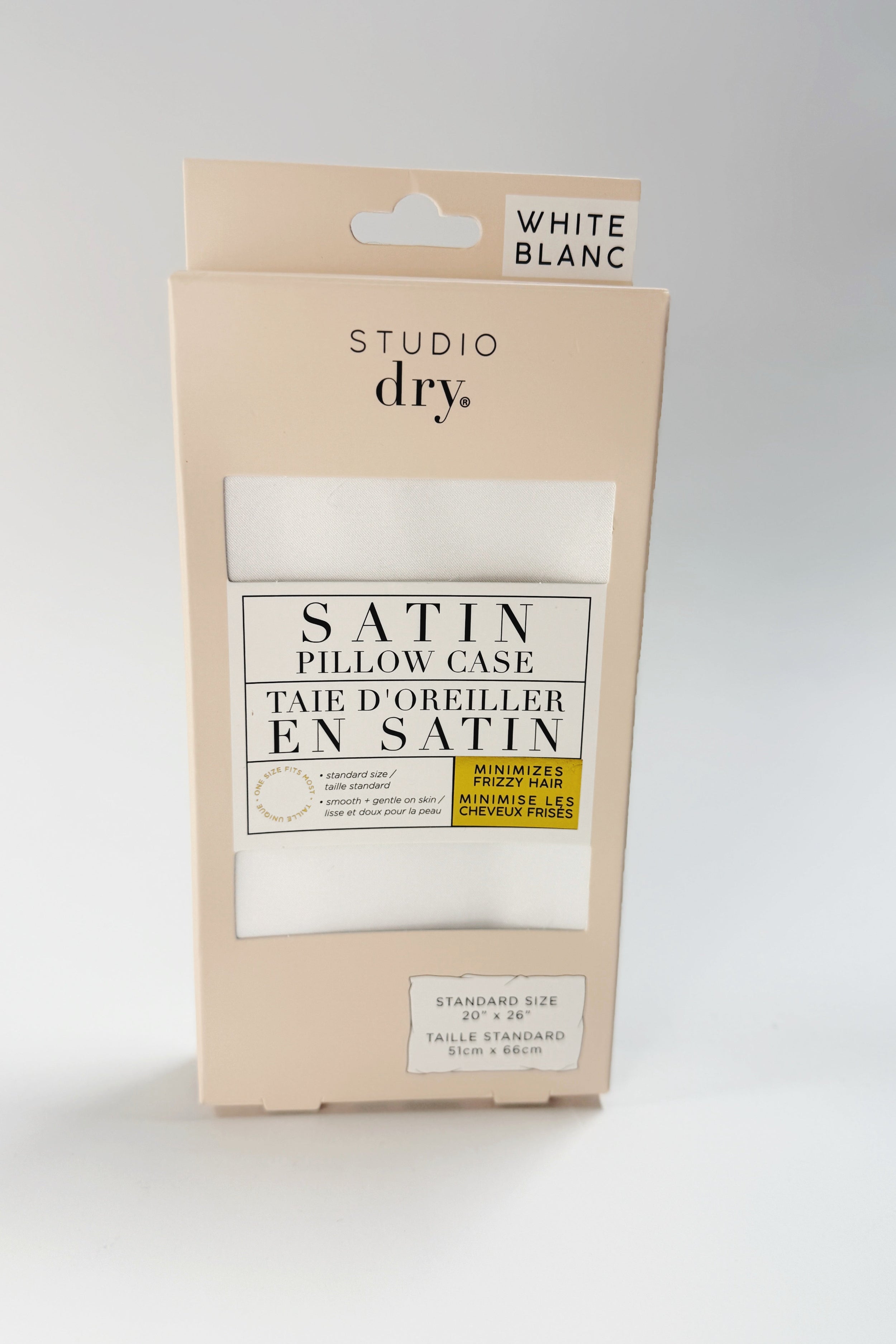 white studio dry satin pillowcase for prventing hair damage and breakage, minimizes frizzy hair