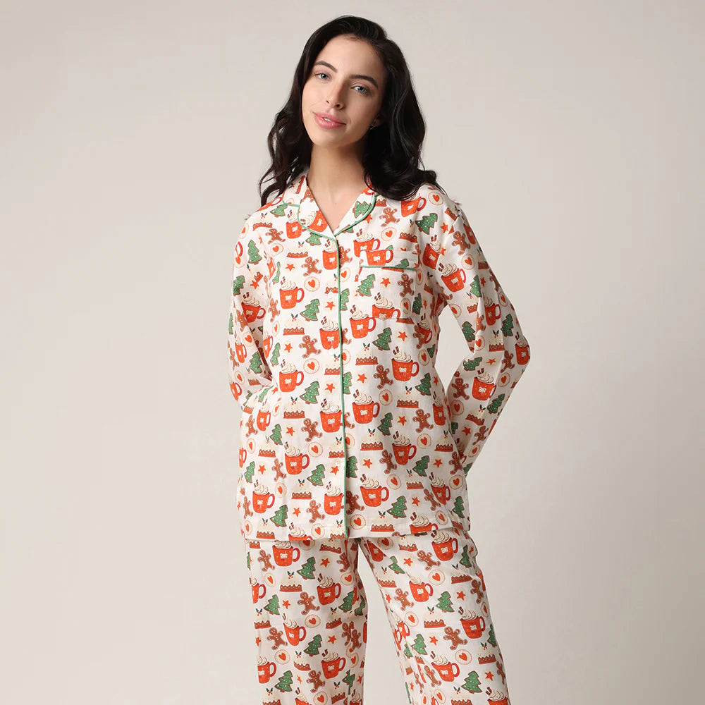 women's cotton flannel button up pj set with hot cocoa and cookies print by mahogany