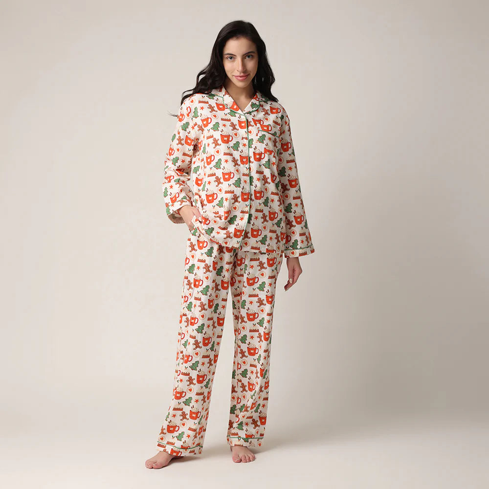 women's cotton flannel button up pj set with hot cocoa and cookies print by mahogany