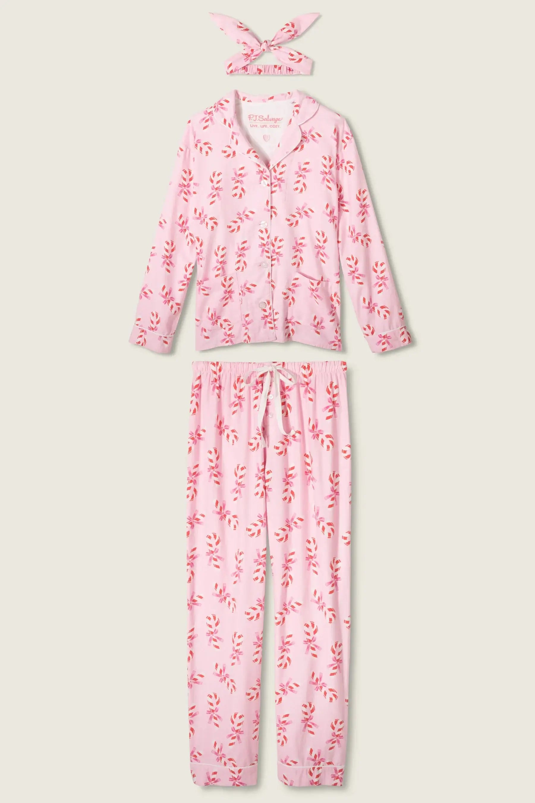 Sweeter Than Sugar 3-Piece Candy Cane Flannel PJ Set | Pink | PJ Salvage