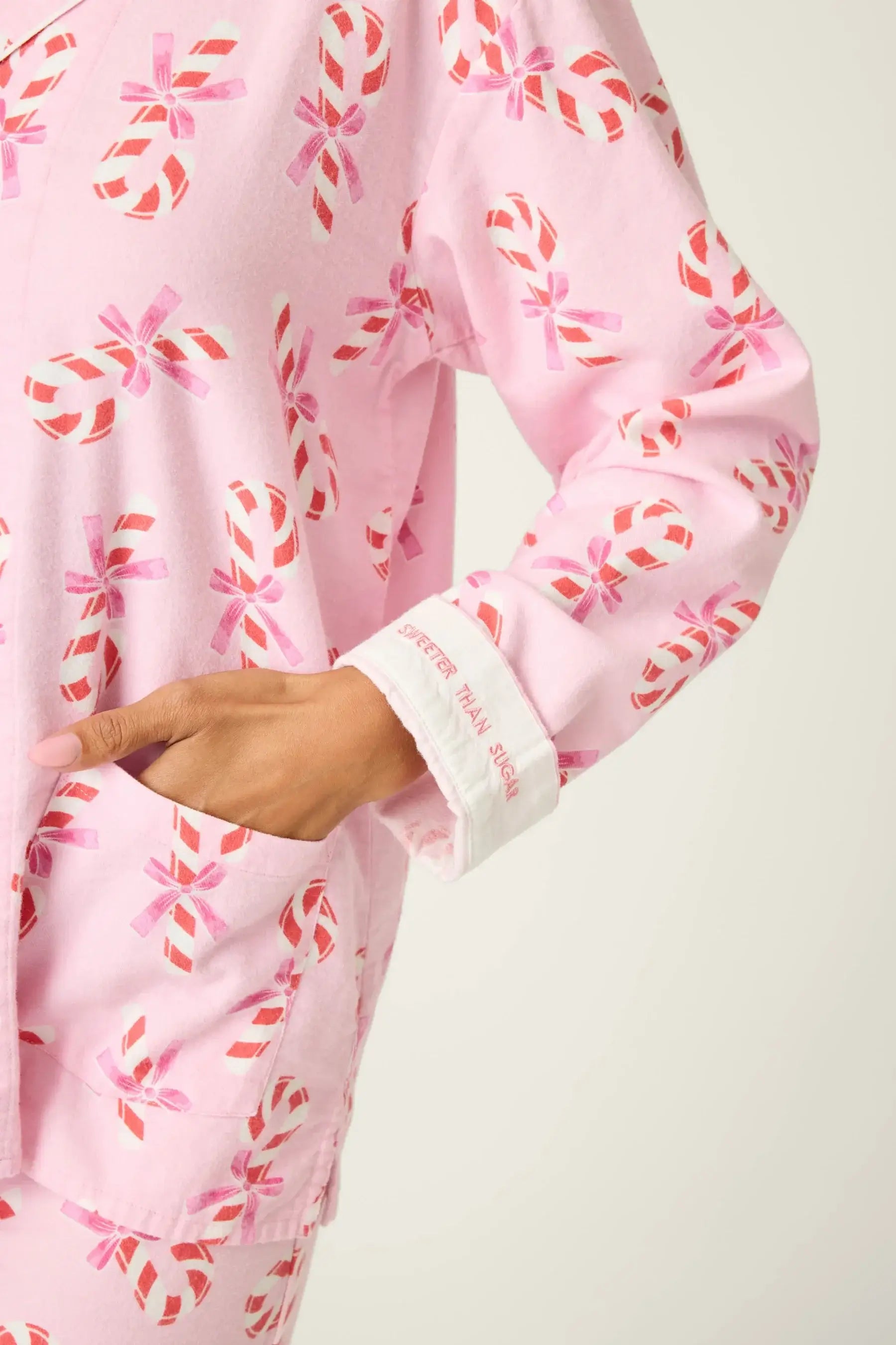 Sweeter Than Sugar 3-Piece Candy Cane Flannel PJ Set | Pink | PJ Salvage - close up of the "sweeter than sugar" embroidery