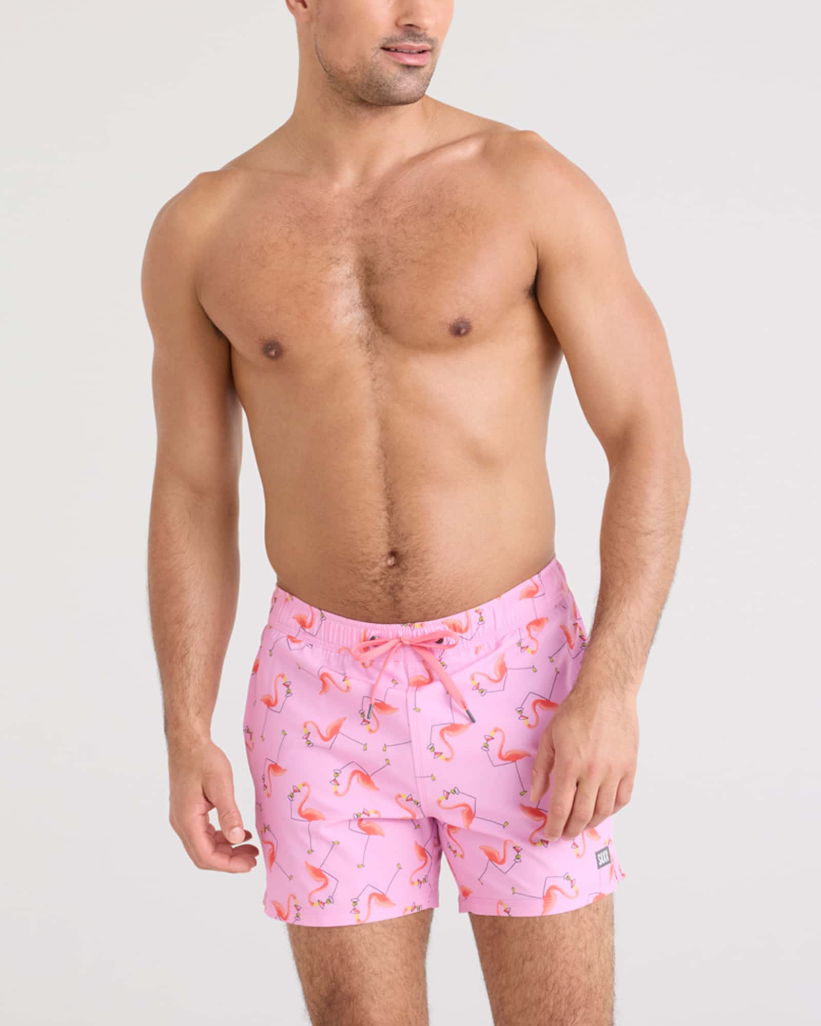 Oh Buoy 2N1 Volley Swim Short featuring a fun flamingo print on a model by SAXX.