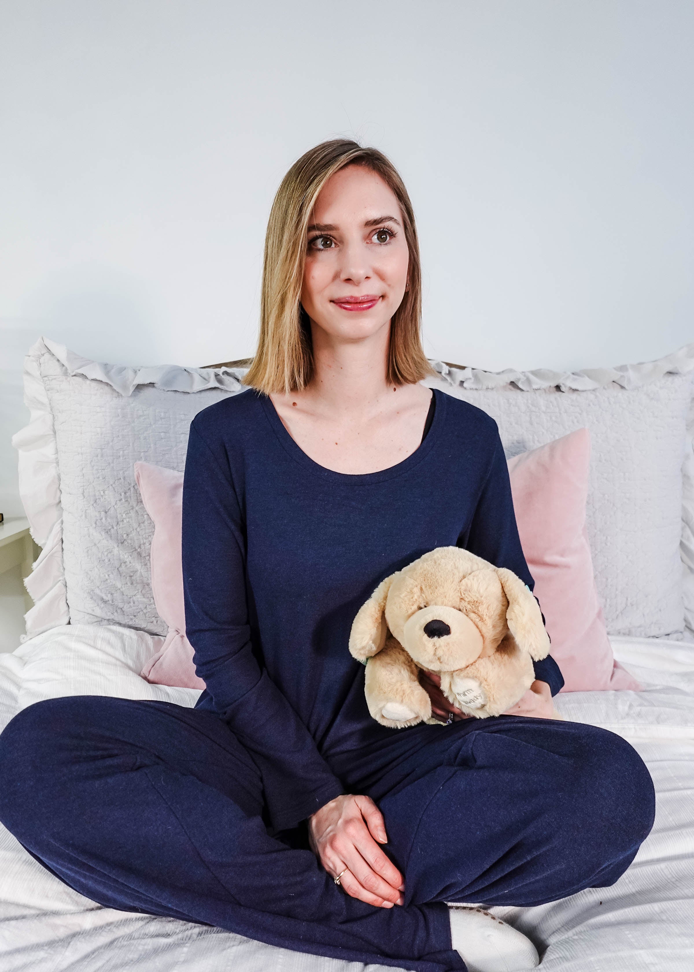 Warm Buddy Cuddle Buddy Tan Lab Puppy 18" Heat Up Stuffed Animal therapeutic heat up beige dog weighted showing size next to model