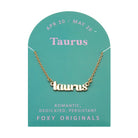 Zodiac Script Necklace in 14K Plated Gold featuring Taurus astrological sign on packaging for astrology lovers.