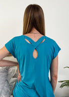 Close-up of the aqua cooling rayon/poly/spandex blend fabric, showing the soft drape.